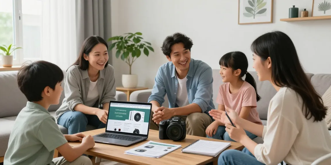 Family discussing options to wärmpumpe kaufen in their bright, modern living room during a cozy afternoon.