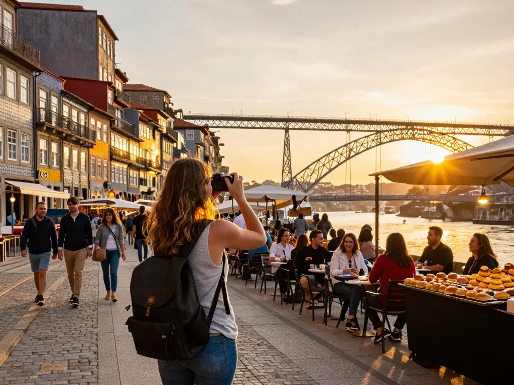 Reisetipps Porto: Reisender fängt lebendige Straßen und Architektur während der Erkundung bei Sonnenuntergang ein.