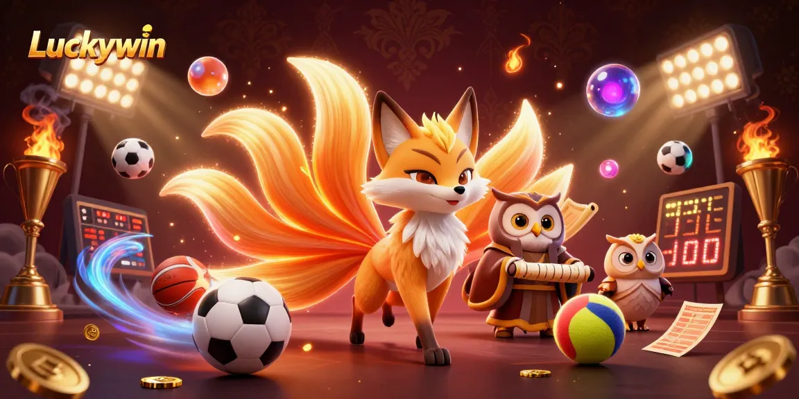 Experience thrilling wins at Luckywin with a vibrant 3D casino illustration showcasing sports elements and enchanting characters.