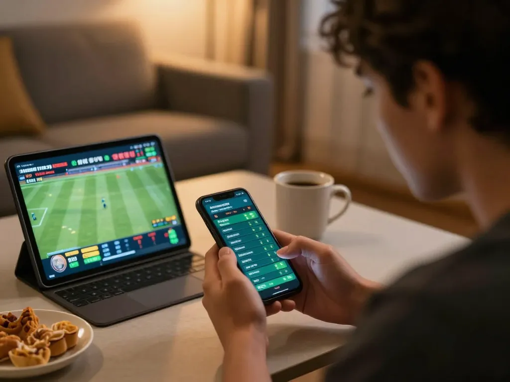 dn88 user placing strategic sports bets on smartphone amidst engaging home environment