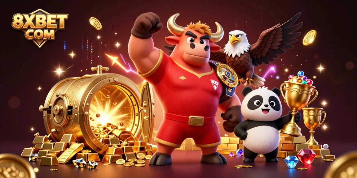Experience the excitement of 8XBET COM with a dynamic casino scene featuring victory poses and treasures galore.