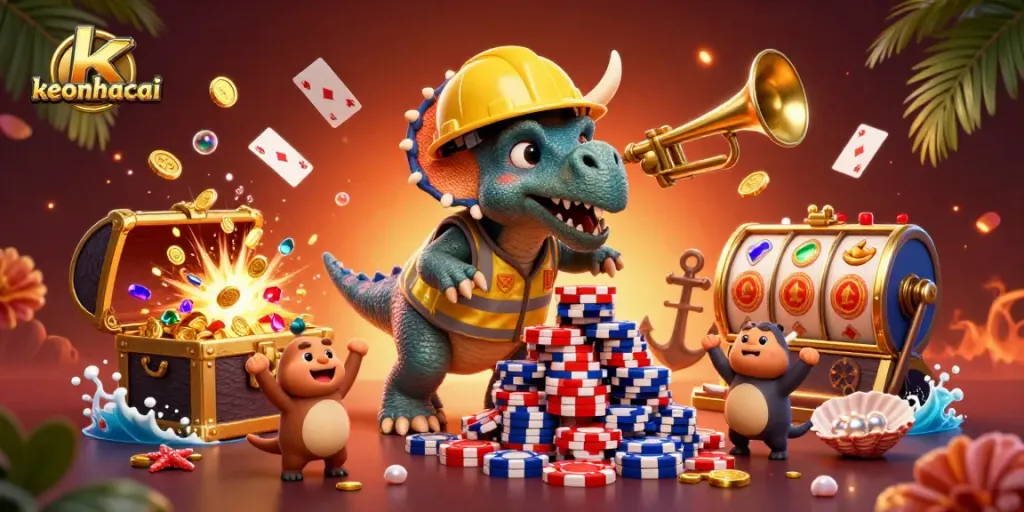 Engage with keonhacai as a lively cartoon scene featuring a triceratops building poker chips amidst vibrant casino elements.