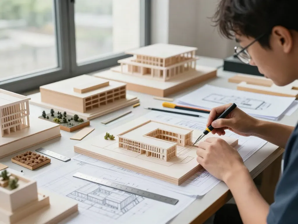 Modellbauer Aschaffenburg in einer Werkstatt, die präzise Architekturmodelle mit hochwertigen Materialien erstellt.