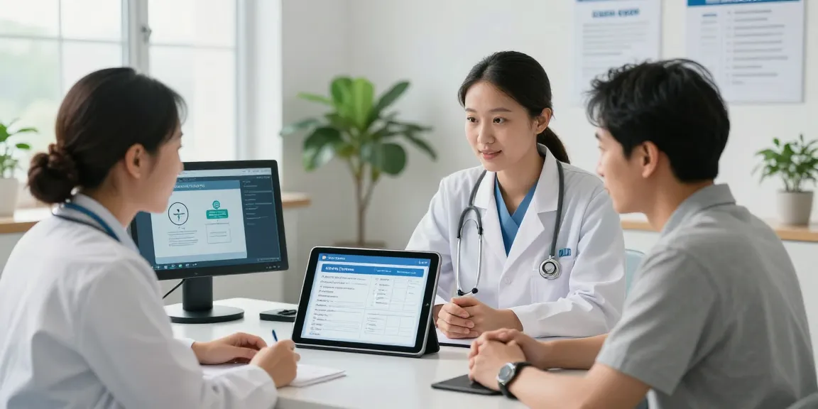 Gesundheitswesen Arzt - Professionals ensuring data privacy and accessibility in a modern clinic setting.