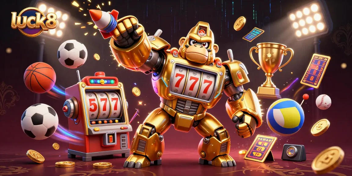 Engage with luck8's thrilling casino experience featuring a golden gorilla mech surrounded by dynamic sports elements.