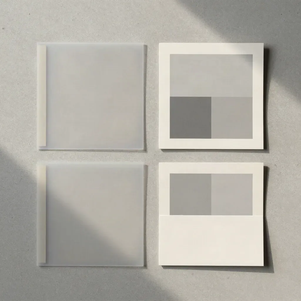 Überkopf-Flatlay eines Analyse-Kits mit Tabs, Hüllen und Leitblatt auf hellem Beton.