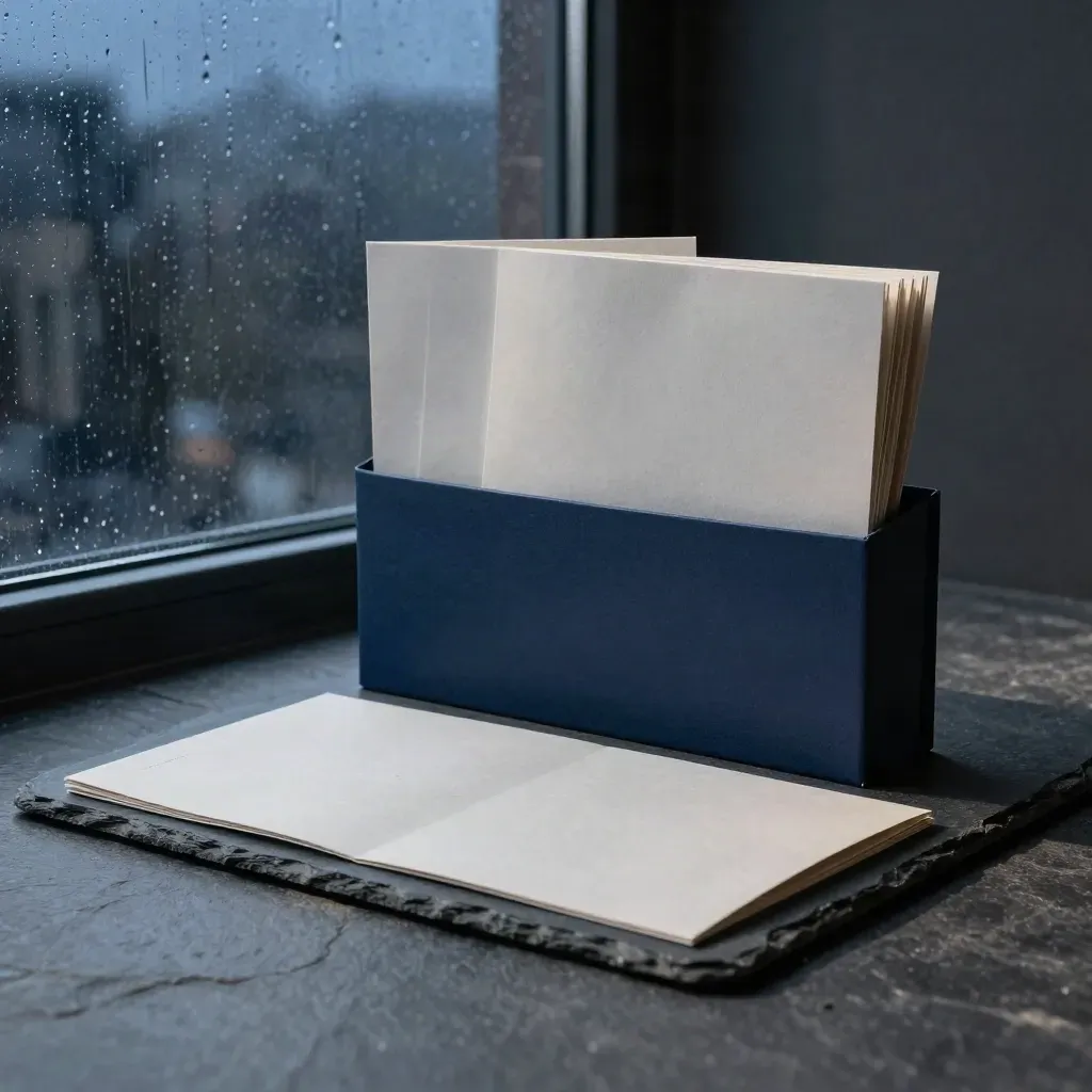 Monumentales Headline-Kit mit Kartenboxen, Heft und Hülle auf Schiefer im Studiolicht