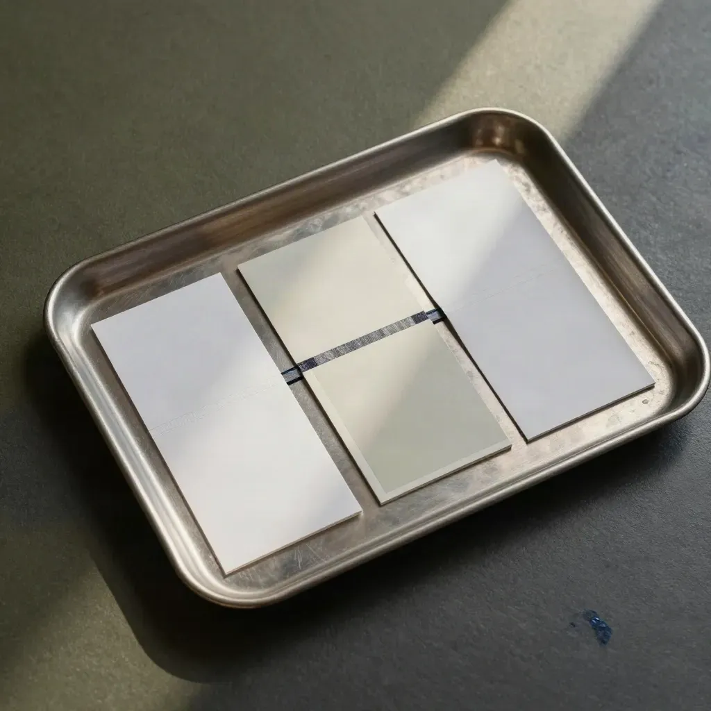 Analyse-Kit auf Metalltablett mit Heften, Hülle und Musterstreifen, kühl und präzise.