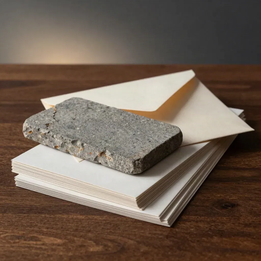 Analyse-Kit neben Steinblock, Umschlag und Kartenstapel auf dunklem Holz mit leichtem Dunst.