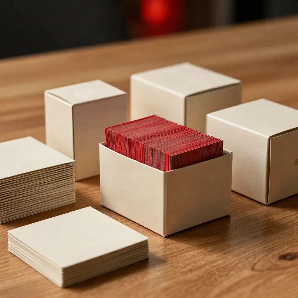 Vier Editorial-Boxen mit roten Karten auf warmem Holztisch im Studio.