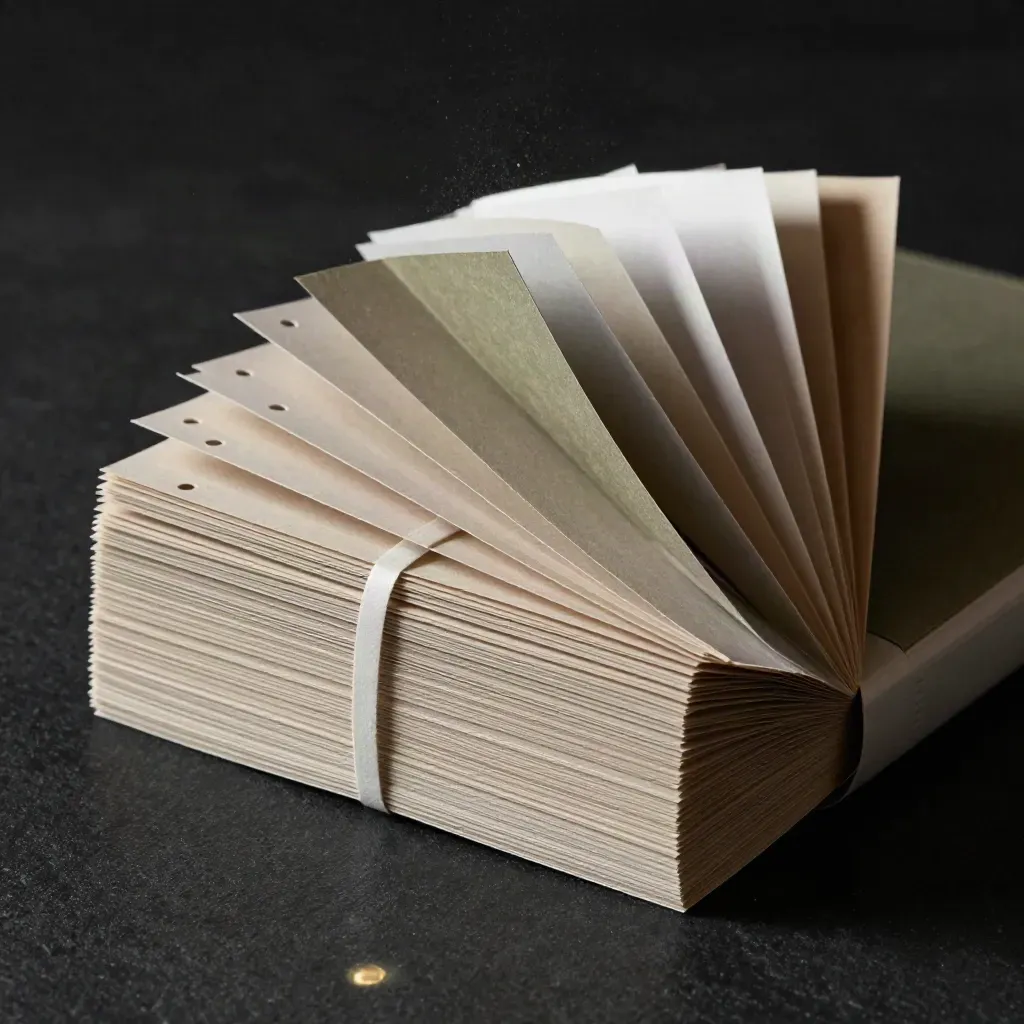 Fächerartig aufgeklappte Copy-Block-Karten mit Papierbändern auf schwarzer Fläche.