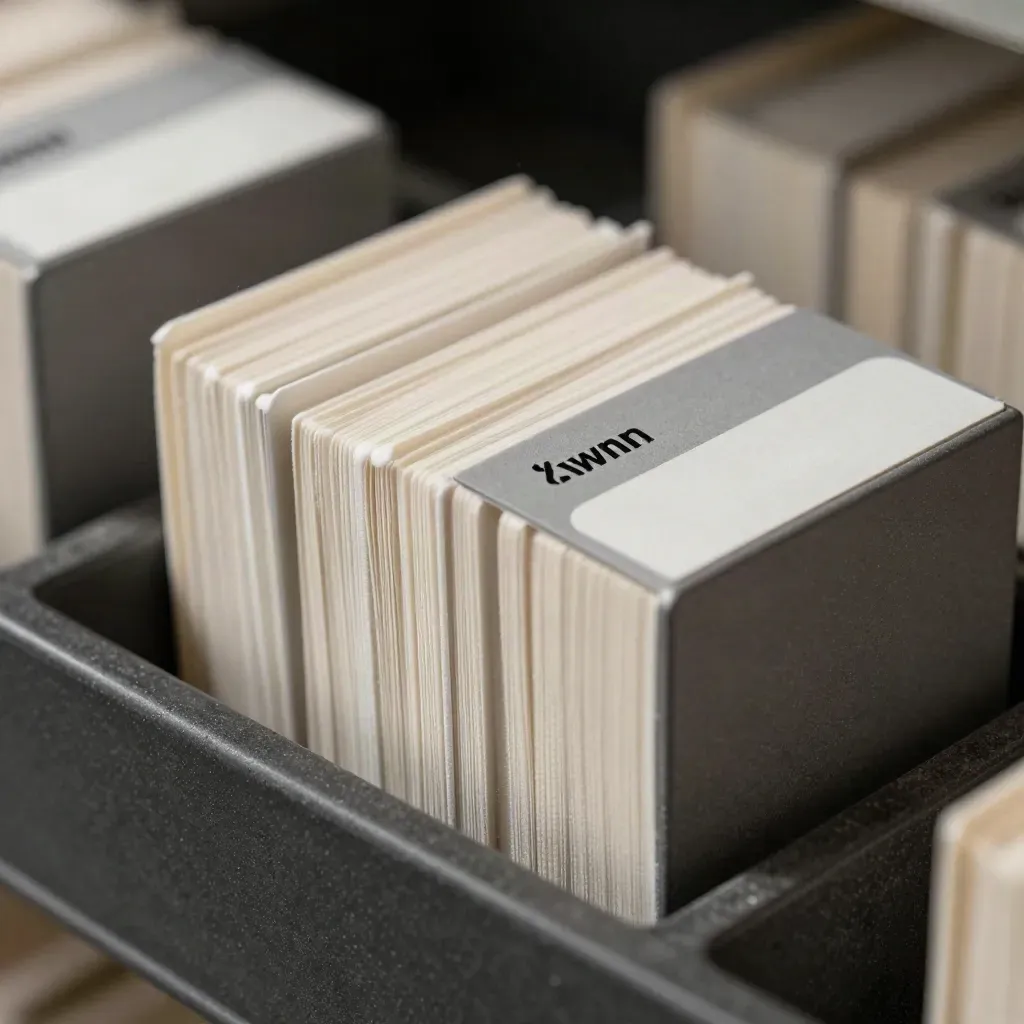 Makro einer Kartenbox mit grauen Indexreitern und Papierstruktur auf dunklem Untergrund.