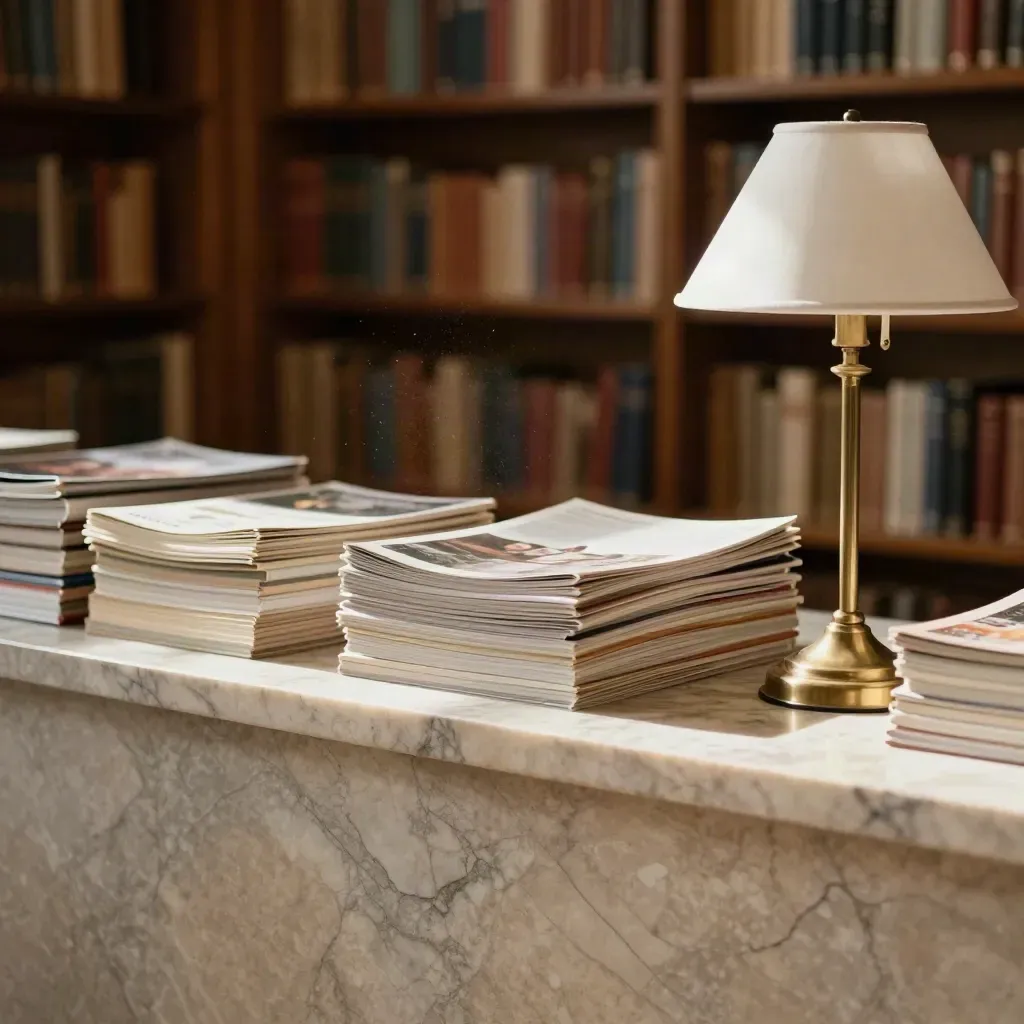 Marmorierte Fensterbank mit Papierstapeln und Messinglampe in warmer Redaktionsbibliothek.