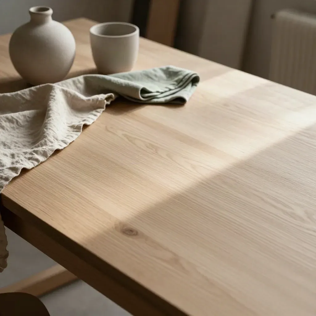 Helle Eichenfläche im Atelier mit Leinentuch und Keramikformen, viel ruhige Fläche unten.