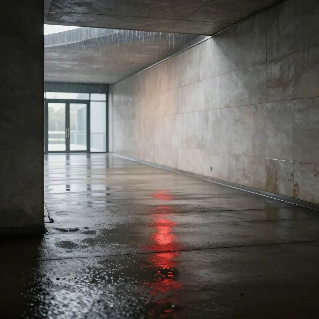 Regennasser Betongang mit roter Spiegelung und ferne Glaseingang im Licht nach dem Schauer.