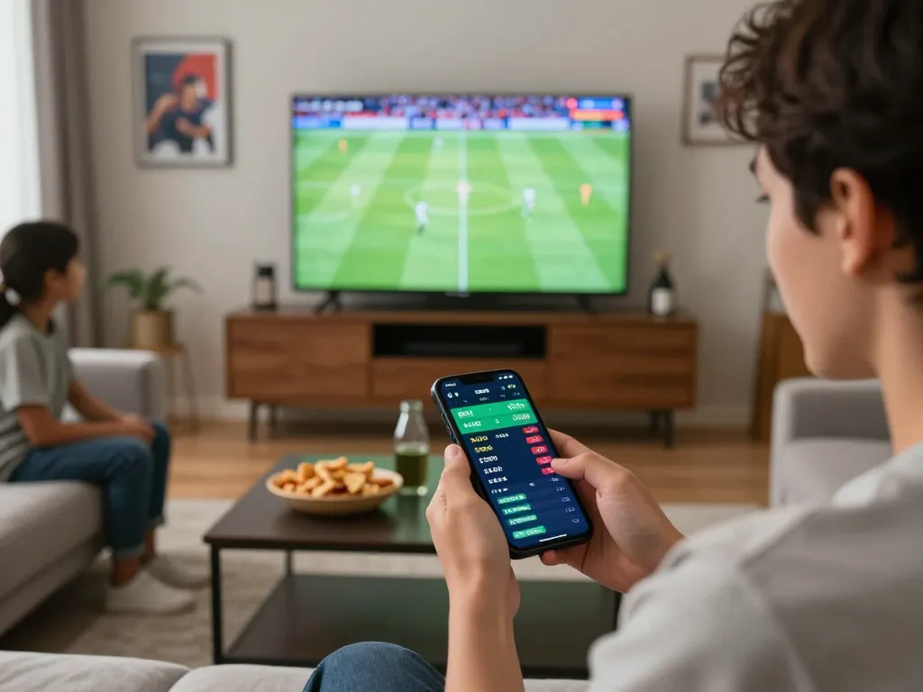 Engaging moment in keo nha cai sports betting, showing excitement during live match viewing and mobile betting.