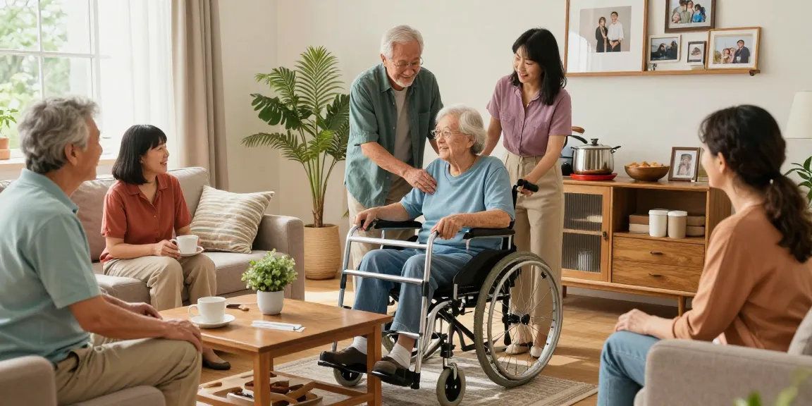 Buy nobility aids in a warm family setting, featuring seniors using mobility aids like walkers and wheelchairs.