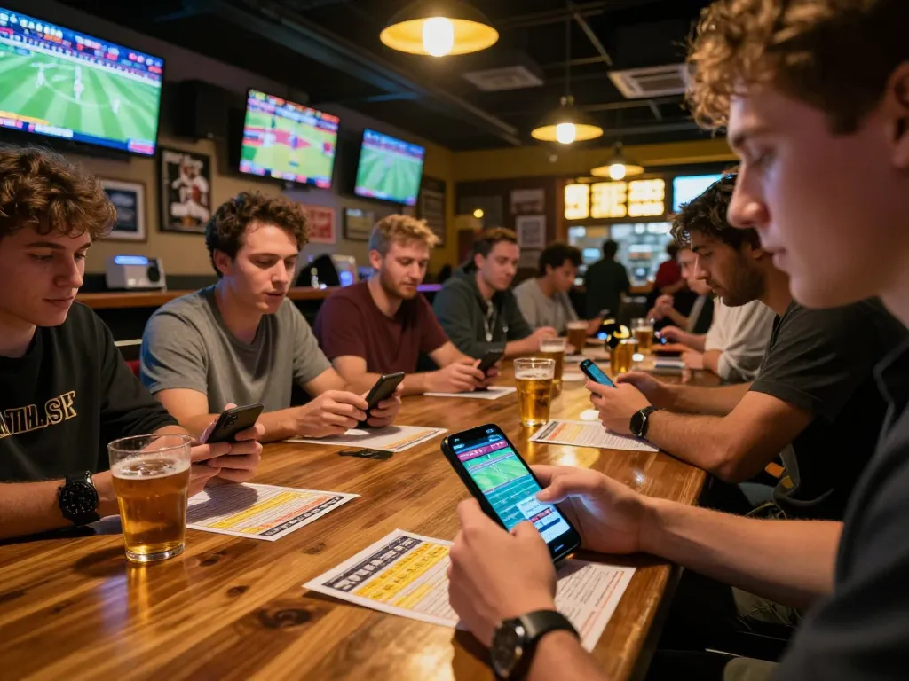 Sweeping view of sports bettors actively placing bets on https://go8.onl/ at a lively sports bar.