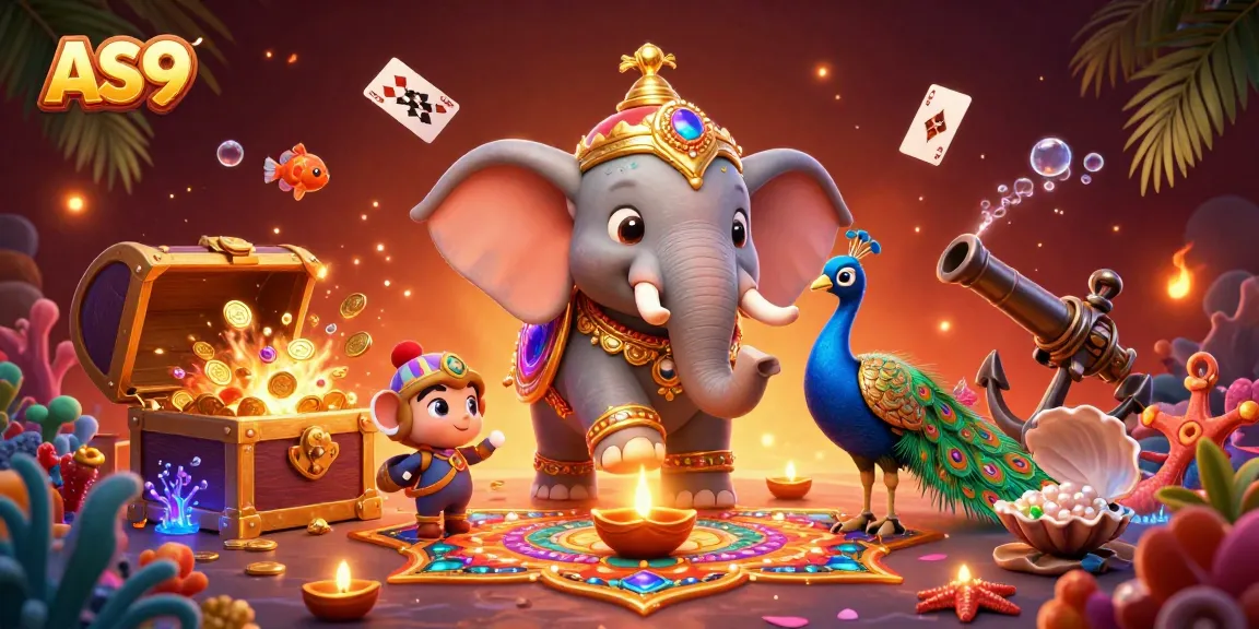 Experience the vibrant AS9 casino atmosphere with a colorful elephant and peacock amidst game treasures.