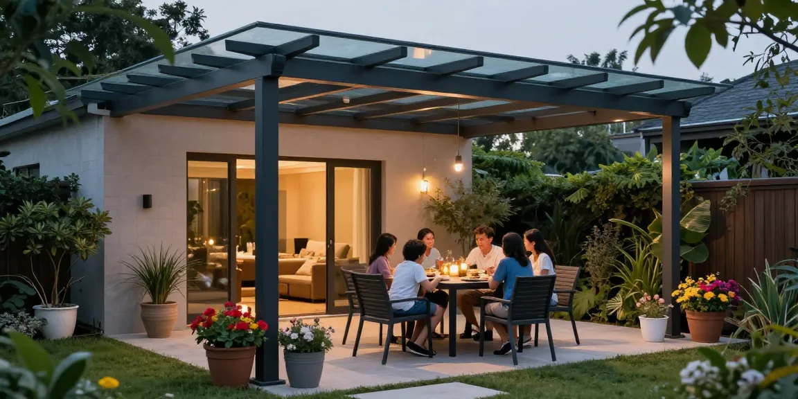 Moderne Terrassenüberdachungen bieten stimmungsvolle Abende im Freien für Familien und Freunde.