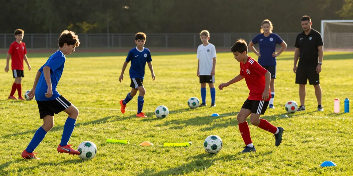 Fußbälle kaufen - Junge Spieler trainieren mit Mantom Fußbällen auf dem Sportfeld bei Sonnenuntergang.
