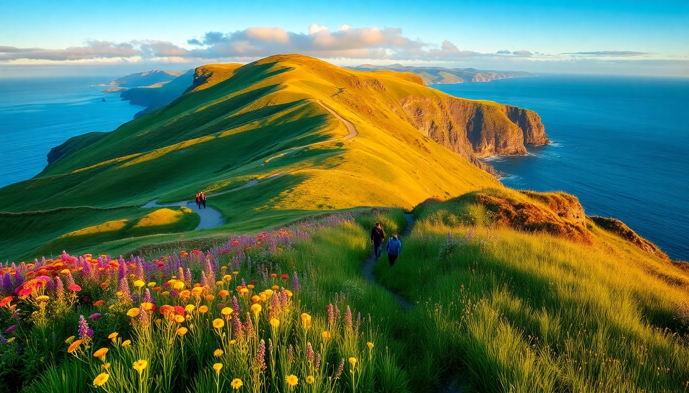 Wanderer auf dem Kerry Way Fernwanderweg umgeben von üppigen grünen Hügeln und Küstenfelsen.