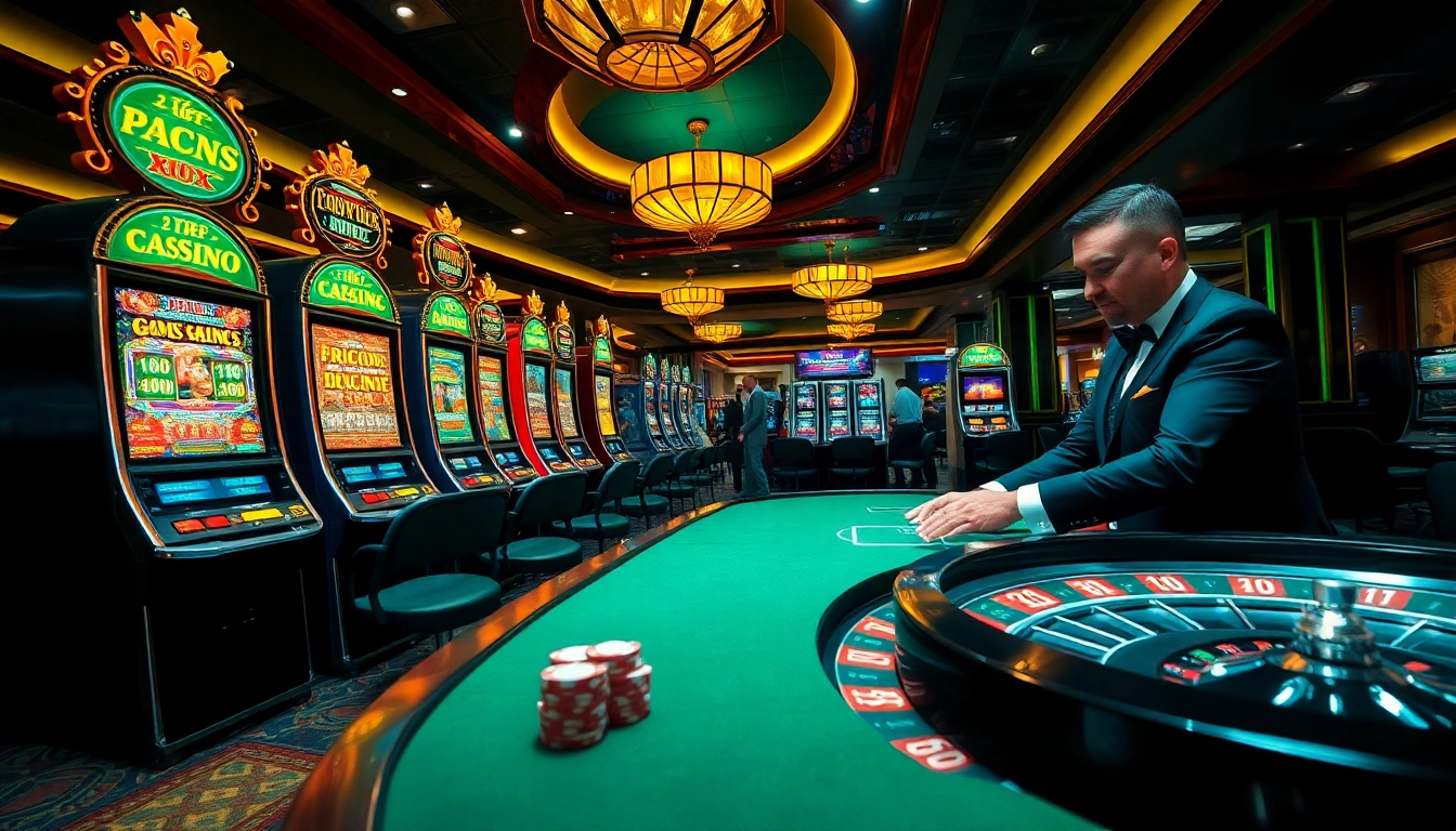 Spannendes casinospielen mit bunten Spielautomaten und einem Croupier im eleganten Setting.