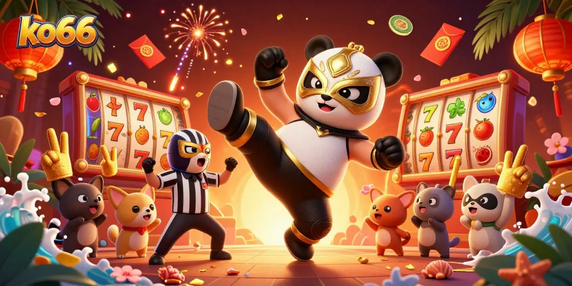 ko66 brings action to slots with a panda wrestler flying through dynamic casino elements in a lively scene