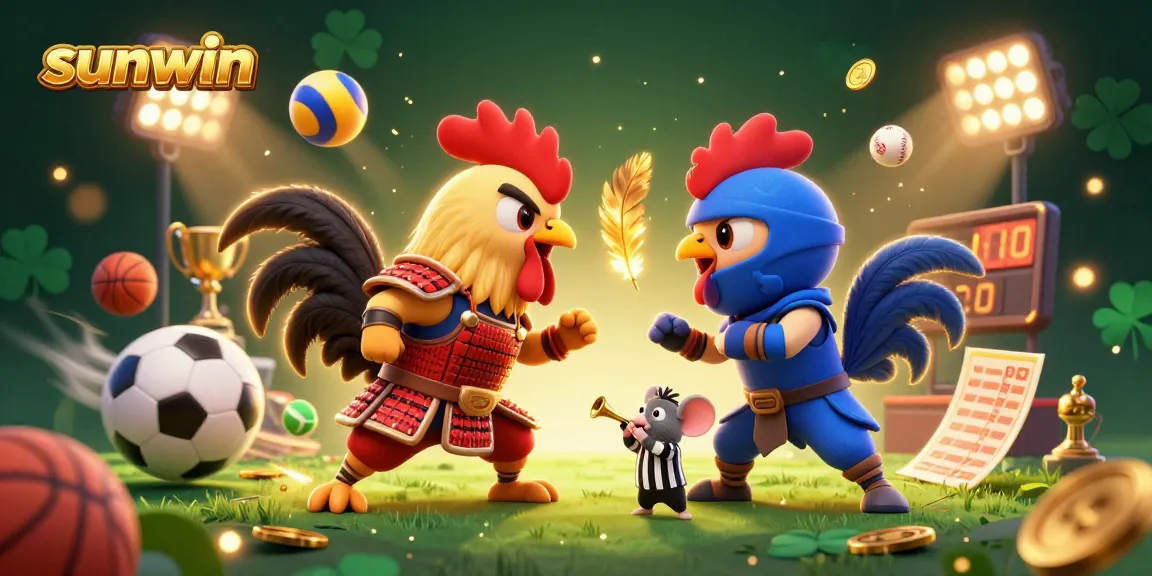 Engage in thrilling gameplay at sunwin with dynamic cartoon roosters and colorful sports elements.