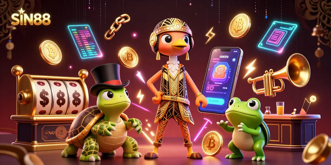 SIN88 showcases an engaging 3D casino illustration featuring vibrant characters and slot machines for thrilling gameplay.