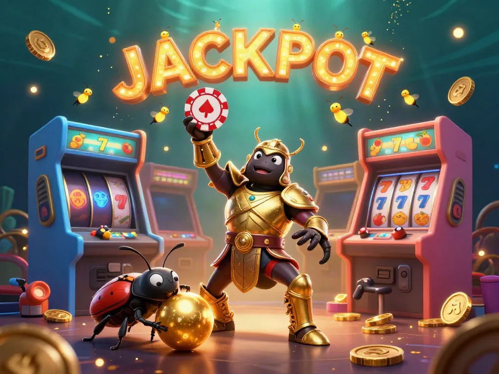 Join the excitement of 9bet as a victorious beetle celebrates with poker chips in a vibrant casino scene.