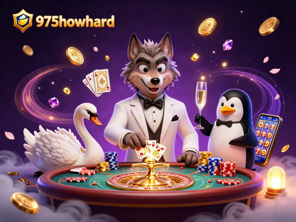 Experience vibrant casino action at 975howard with the wolf, swan, and penguin amidst games and treasures.