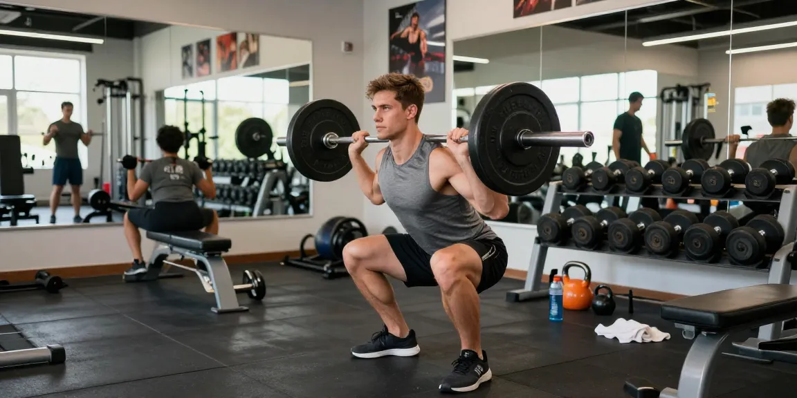 Anabolika Shop: Bodybuilder performing squat in a vibrant gym, showcasing dedication and fitness.