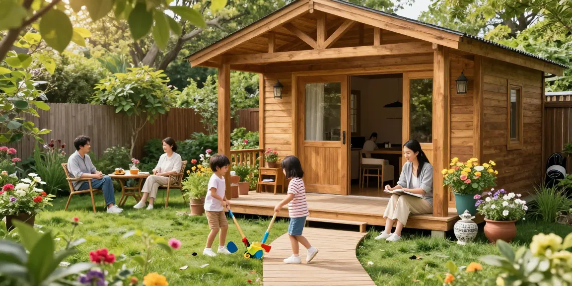 Gartenhäuser für Familien: Holzgartenhaus mit spielenden Kindern und blühenden Pflanzen im Hinterhof