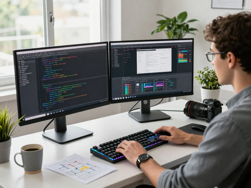 Developer coding at a modern workspace with dual monitors and application designs, showcasing http://debet-app.com