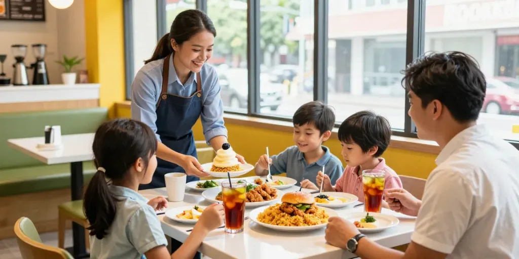 Family enjoying diverse meals at ROKOK88 restaurant in a cozy atmosphere.