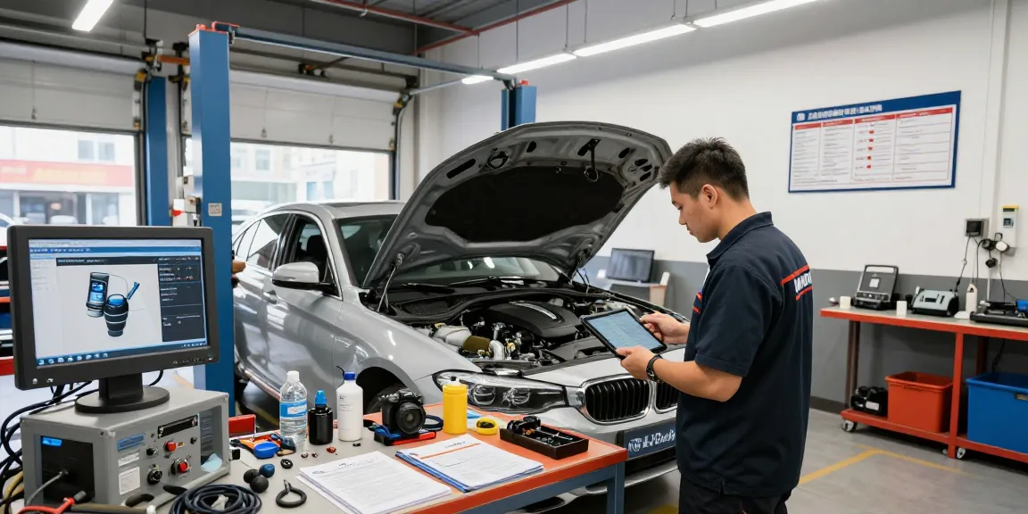 Erfahrener Mechaniker inspiziert BMW-Motor in einem Auto-Servicezentrum in Hannover.