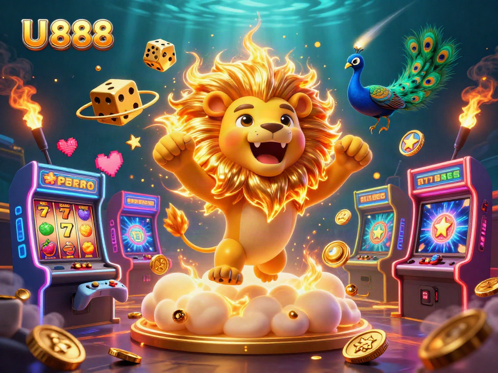 Engage with U 888's vibrant slot games featuring a lion and giant dice in a colorful casino scene.