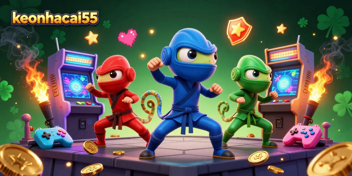 Experience keonhacai55 with animated chameleons and colorful arcade machines in a thrilling casino scene.