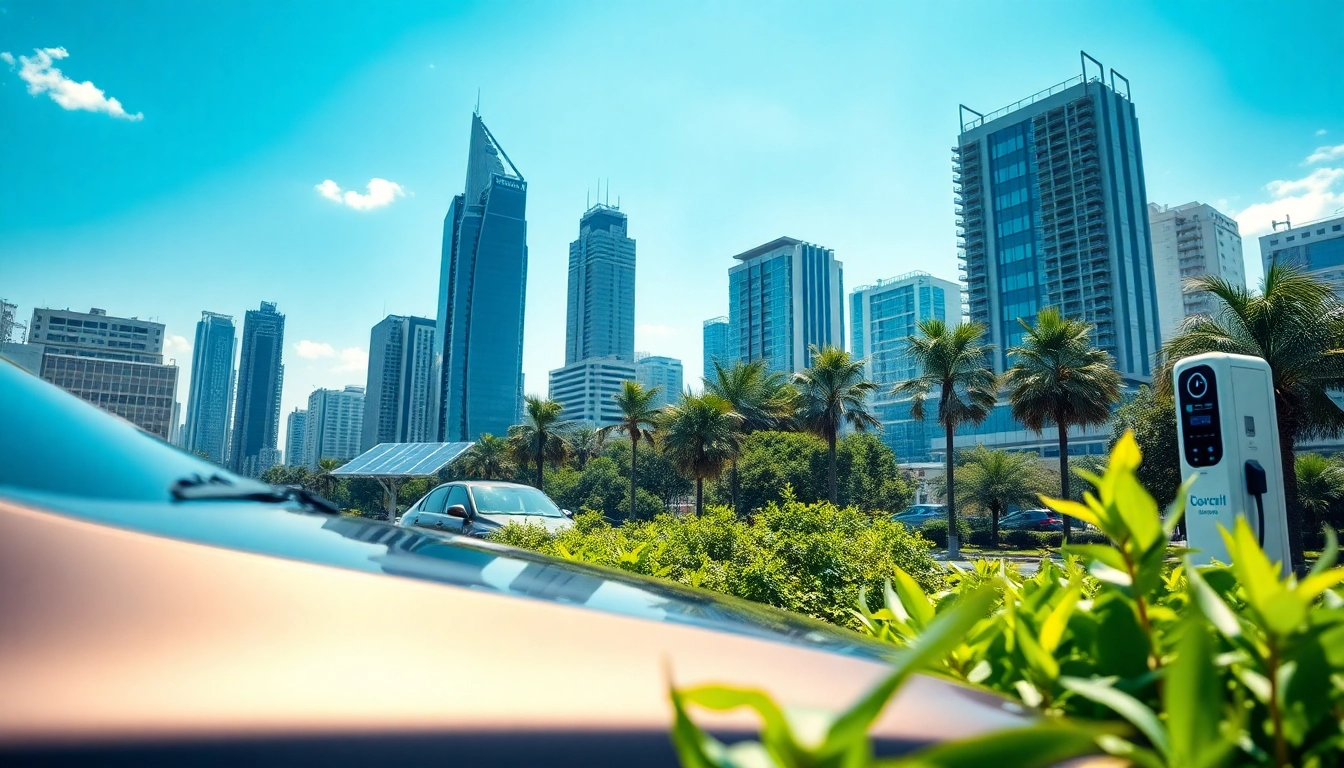 Eine Ansicht von Elektroautos in einer modernen Stadt, die Nachhaltigkeit und technologische Innovation zeigen.