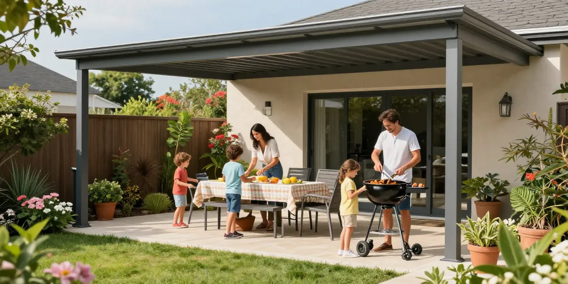 Moderne Terrassenüberdachung schützt Familien beim Grillen im Garten.