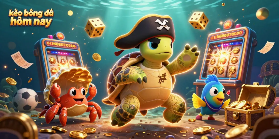 Kèo bóng đá hôm nay themed sports betting illustration with pirate turtle, crab, and parrotfish amid casino elements.
