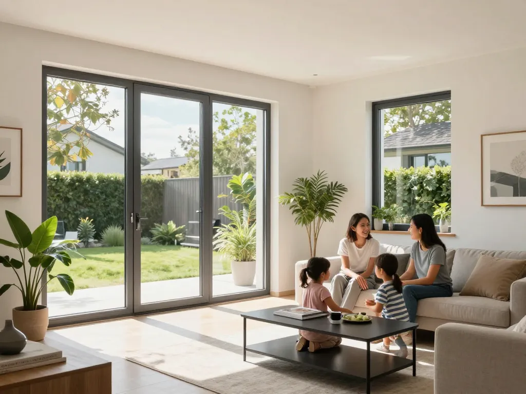 Schöner Wohnraum mit fenster schüco Fenstern, natürlichem Licht und Blick auf den Garten.