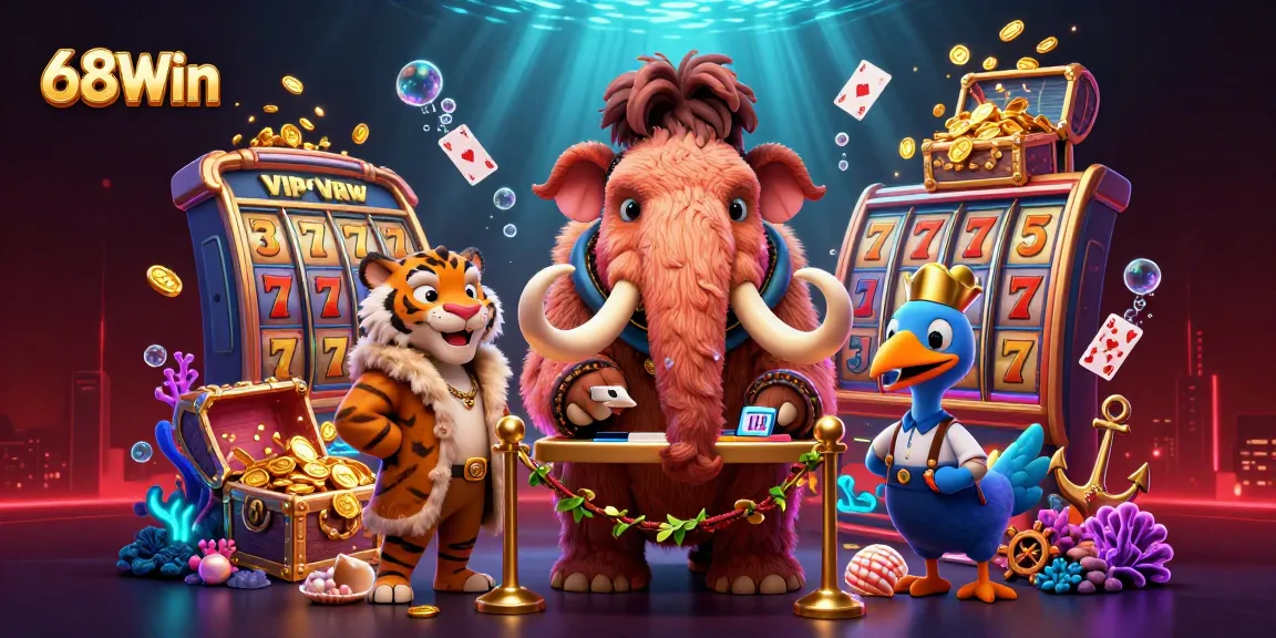 Join the 68Win adventure with a woolly mammoth bouncer, saber-tooth VIP, and dodo doorman in a vibrant casino scene.