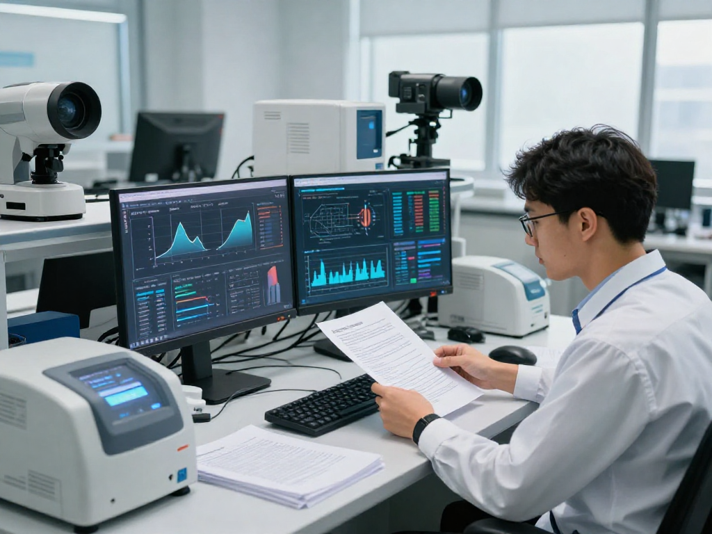 Expert in document fraud detection analyzing a document with advanced technology in a modern lab environment.