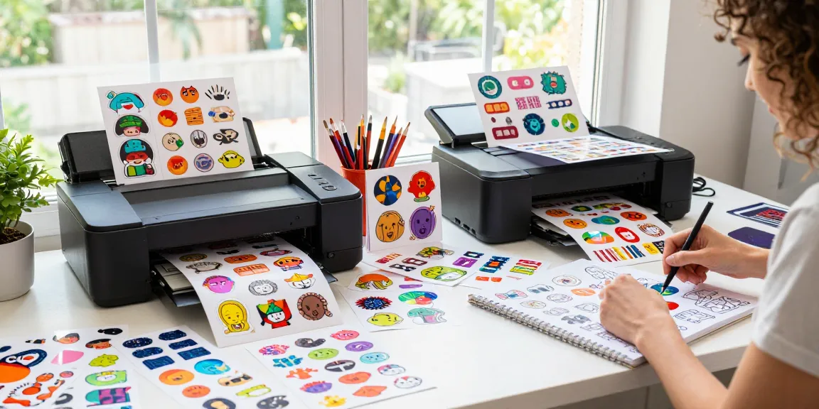 Creative designer showcasing custom stickers in a bright workspace filled with vibrant samples and tools.