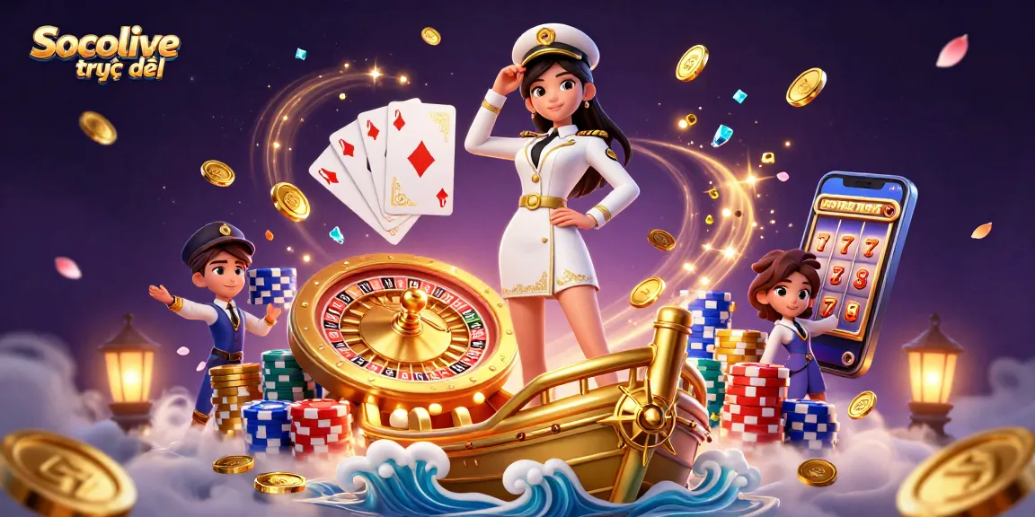 Socolive trực tiếp showcases an exhilarating scene with an Asian female captain commanding a golden ship amidst cascading coins and casino elements.