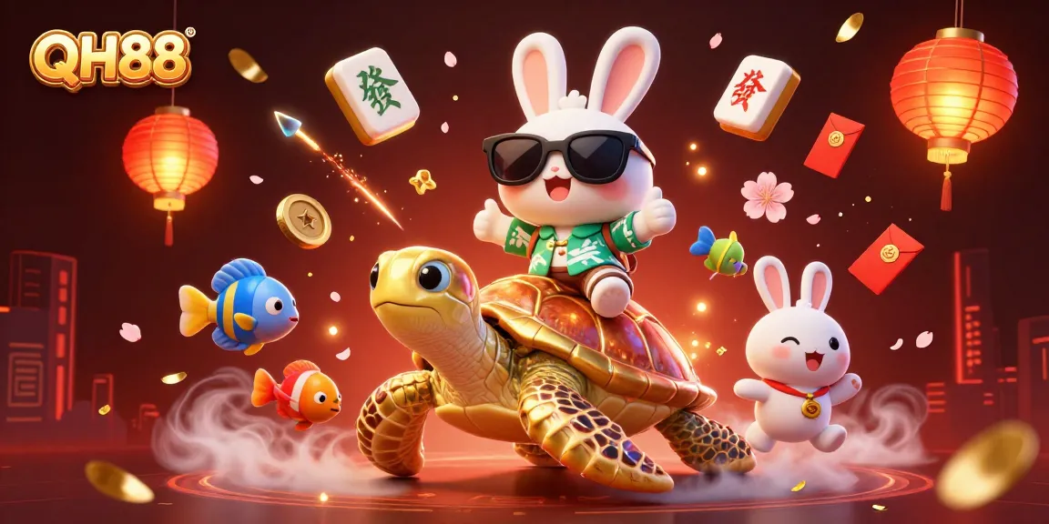Engage with QH88 in an exciting 3D scene of a lucky rabbit and turtle amidst colorful gambling elements.