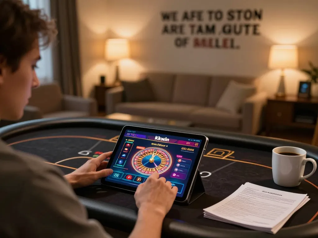 Engaging moment of a player enjoying Kkwin casino app on tablet at home, showcasing online gaming experience