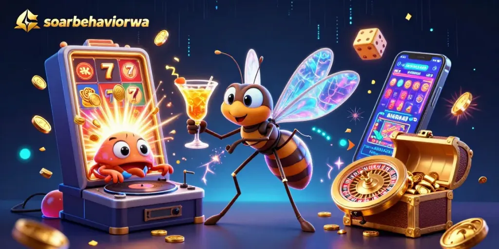 Engage with soarbehaviorwa's animated 3D casino scene featuring a vibrant mix of characters and thrilling game elements.